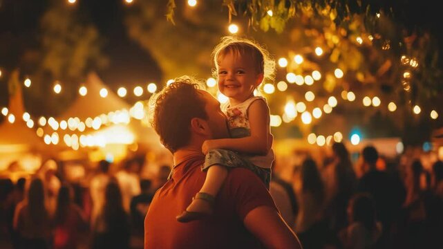 Dad carrying child on shoulders at outdoor fest