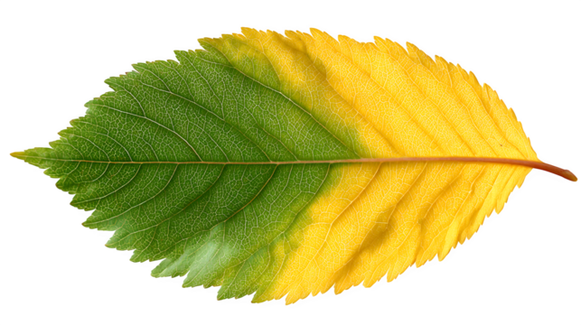 a long vertical leaf turning from green to yellow, isolated on transparent background