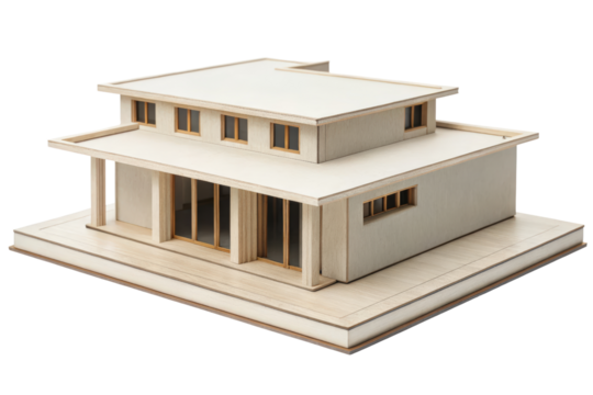 Architectural model of a modern minimalist wooden house isolated with transparent background