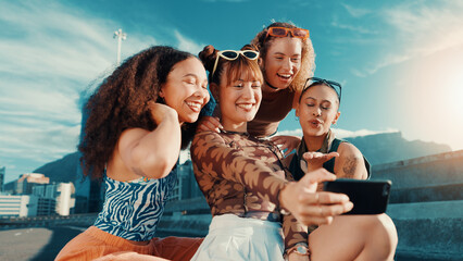 Gen z girl, selfie and friends on bridge, edgy clothes or smile for bonding in streetwear for fashion in summer. Women, group and happy with photography, post or trendy style for social media in city