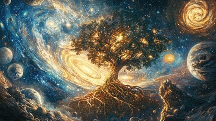 The Big Tree of Life amidst a breathtaking cosmic scene, where the sky is filled with celestial bodies and the tree's  roots provide a foundation for all life.