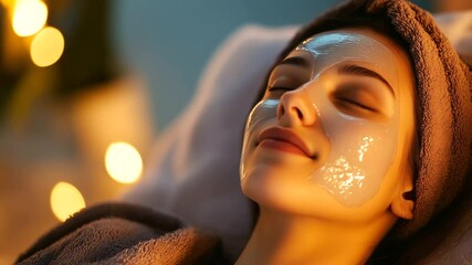 High-angle shot of woman resting with gel mask, diffused light casts warm tone, peaceful wellness retreat vibe