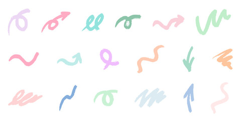 Chalk scribble paint brush arrow, oval, line set. Crayon handwritten arrow elements. Hand drawn scribble crayon color brush texture. Rough chalk vector illustration isolated on white background.
