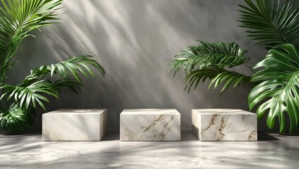 Fototapeta premium Three marble cubes amidst tropical foliage casting shadows on a