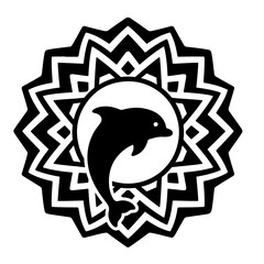 A dolphin leaps within a bold, black-and-white geometric sunburst illustration.