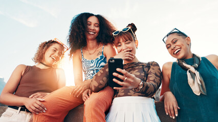 City, friends and laughing with selfie for social media, funny joke and memory with fashion. Urban,...