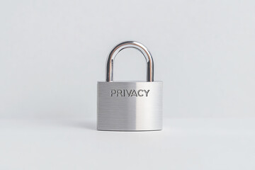 Silver padlock with the word privacy. Concept of data protection and security, on a plain background, representing safety measures and confidentiality.