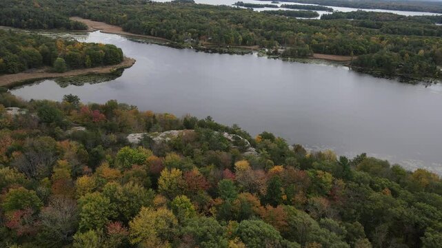 Drone stunning view of the calm water of Landon Bay Centre surrounded by autumnal forests