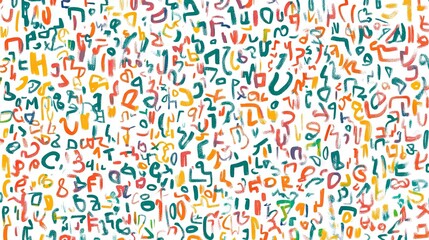 Colorful abstract artwork featuring a dense, chaotic arrangement of hand-drawn letters and numbers