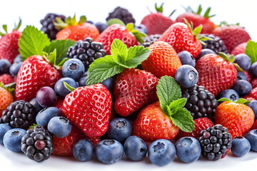 Fototapeta premium Fresh Mixed Berries with Mint, Vibrant Strawberry and Blueberry Mix
