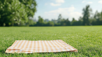 A tan and white checkered blanket is spread out on a grassy lawn, inviting a relaxing picnic outdoors in a sunny park setting on a warm day.
