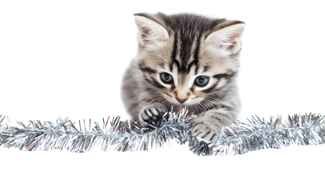 Joyful Kitten Playing with Tinsel Isolated on Transparent Background