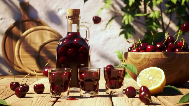 Exquisite cherry elixir poured into glasses amidst a rustic kitchen setting with lush greenery