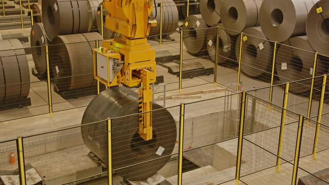 A large crane picks up a heavy steel coil in a fully automated factory