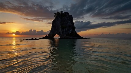 Dramatic sunset over a rock formation in calm water