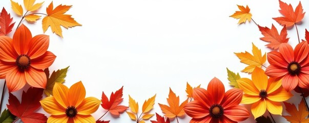 Orange autumn flowers frame, white background Fall floral arrangement Top view , texture, september