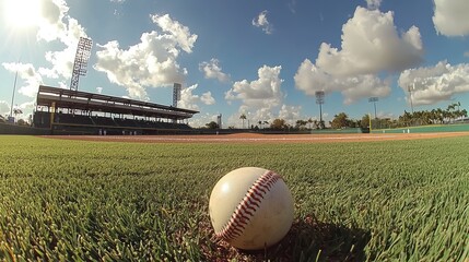 The camera focusing on the white leather baseball as it lies motionless on the mound, while the infield and outfield stretch into the distance.