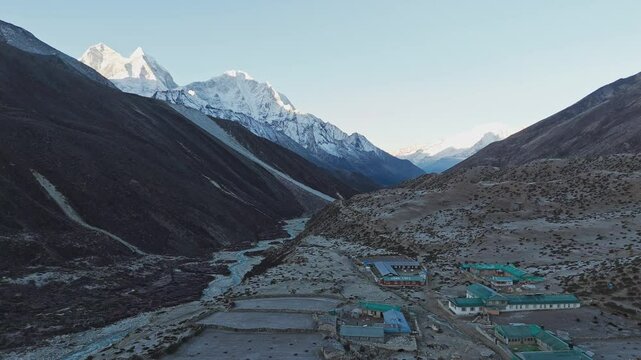 Breathtaking landscapes of the Everest region with snow-capped peaks, glacial rivers, and serene valleys along the iconic Base Camp trekking route in Nepal