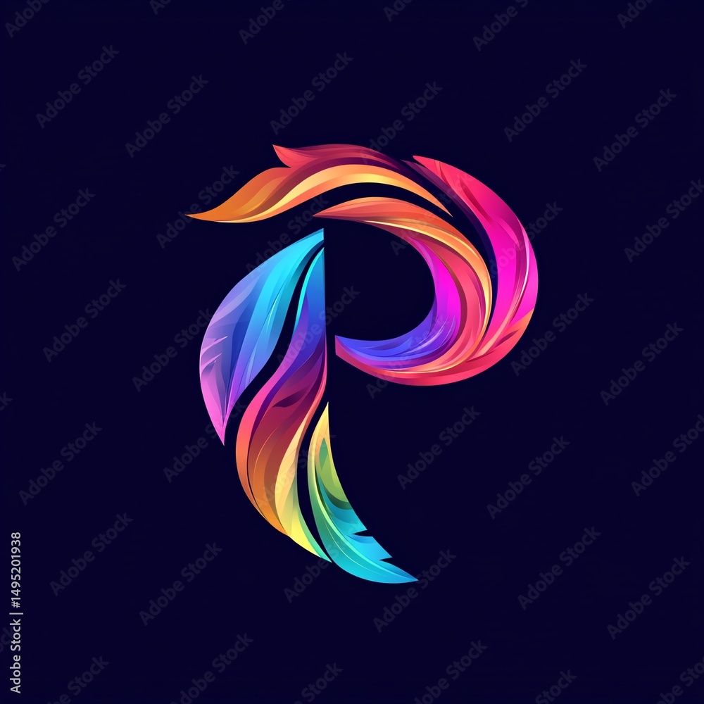 Poster stylized letter p composed of multicolored feathers, blending gradient hues, symbolizing creative br