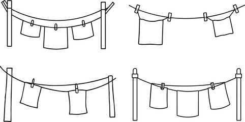 Set of clothesline outline illustration, coloring book page, line art