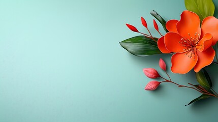 there is an orange flower with green leaves on a blue background