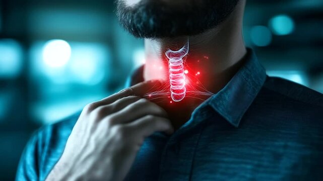 Close-up of man pressing hand against swollen neck, digital overlay of thyroid gland highlighted in red to show thyroiditis discomfort