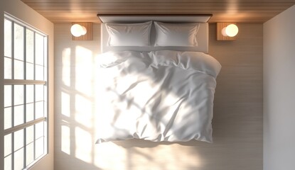 Sunlit Bedroom Haven: Top-Down View of Serene Minimalist Space