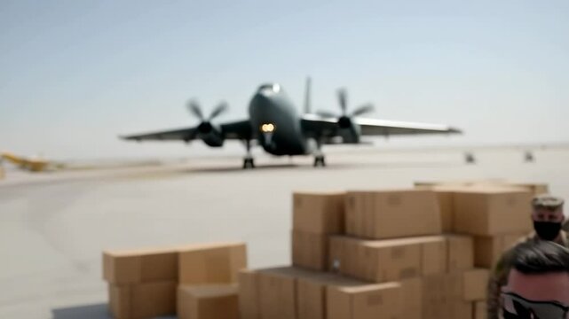 Soldiers in desert uniforms coordinate the receipt of supplies at a military airfield as a cargo plane takes off
