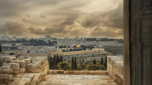 Ancient gate, arch entrance in brick wall with view of ancient city. Entrance to Jerusalem	