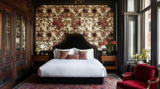 Luxurious bedroom with floral wallpaper and dark wood.