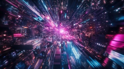 Naklejka premium A vibrant, dynamic cityscape at night, depicted with streaks of light suggesting rapid movement and energy