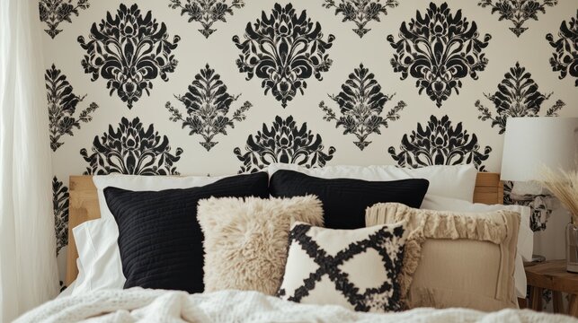 Black and white damask pattern adorning a bedroom. - Powered by Adobe