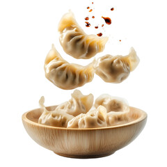 Floating dumplings steaming with mid-air sauce isolated on transparent background