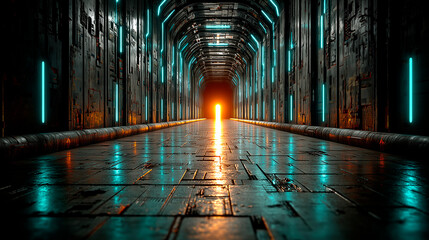 Dark sci-fi corridor with glowing light, teal and orange color grading, cinematic and detailed floor texture