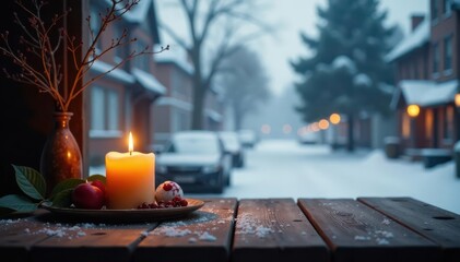 Dark wood table, snowy cityscape, burning candle, bare branch , ambiance, night, city