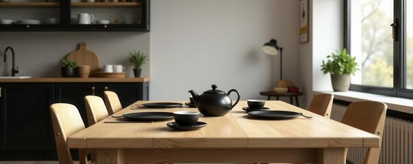 Stylish Scandinavian dining room Wooden table, teapot, cups, black accents , interior, black, cups