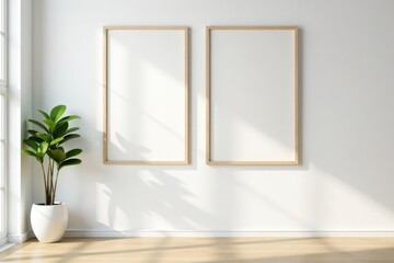 Four square oak frames on white wall, mockup for art , minimal, clean