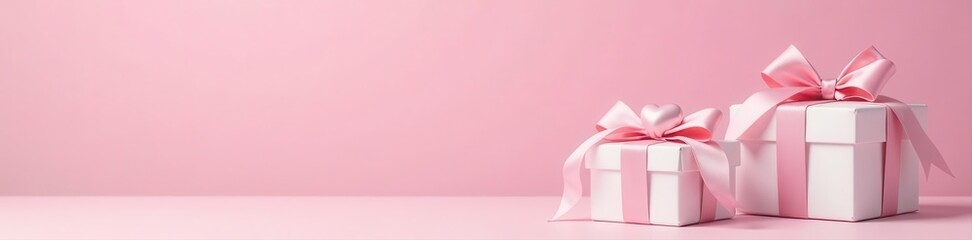 Pastel pink backdrop, elegant white gift boxes with pink satin bows & silver hearts , pink, white, shiny