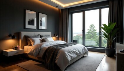 Stylish modern bedroom, dark walls, cozy vibes , modern bedroom, white bedding, grey headboard
