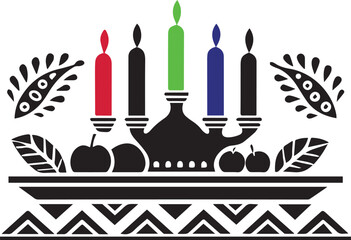 traditional kinara decorated table red black green candles fruits african patterns