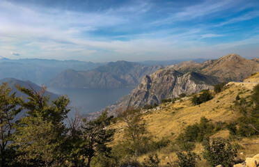 Scenic view from a mountain slope overlooking the Bay of Kotor in Montenegro.