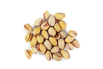 Pile of pistachios isolated on white background. Top view.
