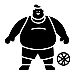 A happy overweight man in a basketball jersey stands next to a basketball.