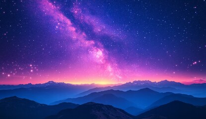 Fototapeta premium Pink and Purple Sunset Over Majestic Mountains Under Starry Night Sky