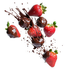 Floating strawberries dipped in chocolate isolated on transparent background