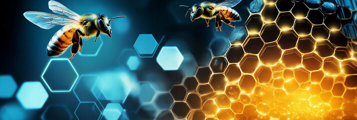 Bees hover over glowing beehive at dusk Generative AI