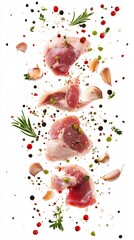 Pieces of raw lamb meat with spices and herbs falling on a white background, creating a dynamic culinary scene