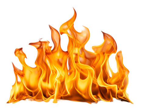 Fiery orange flames burning bright isolated on white