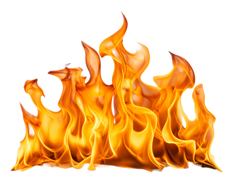 Fiery orange flames burning bright isolated on white
