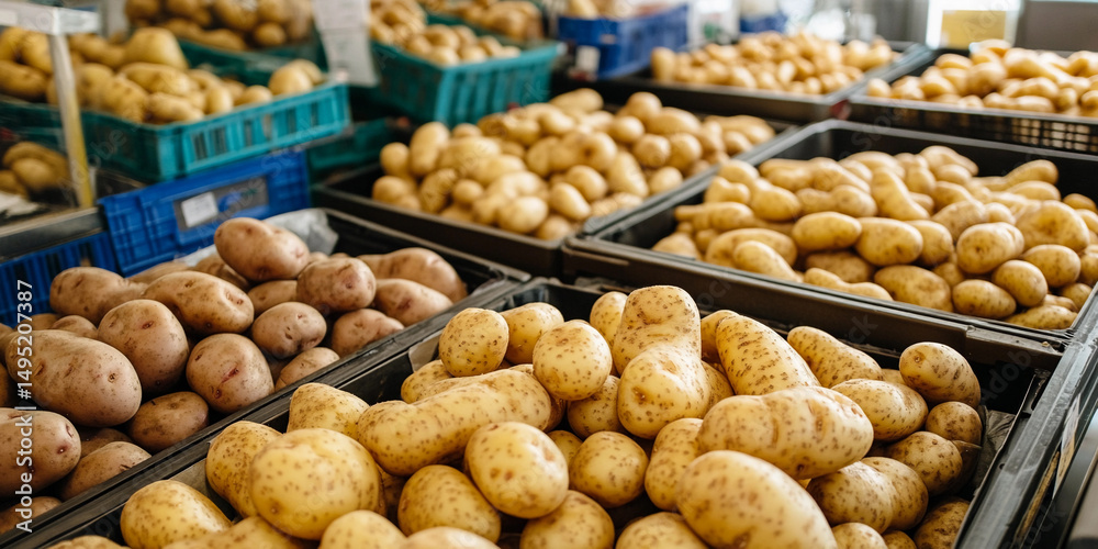 Poster Detailed view of potato processing in a market setting Generative AI